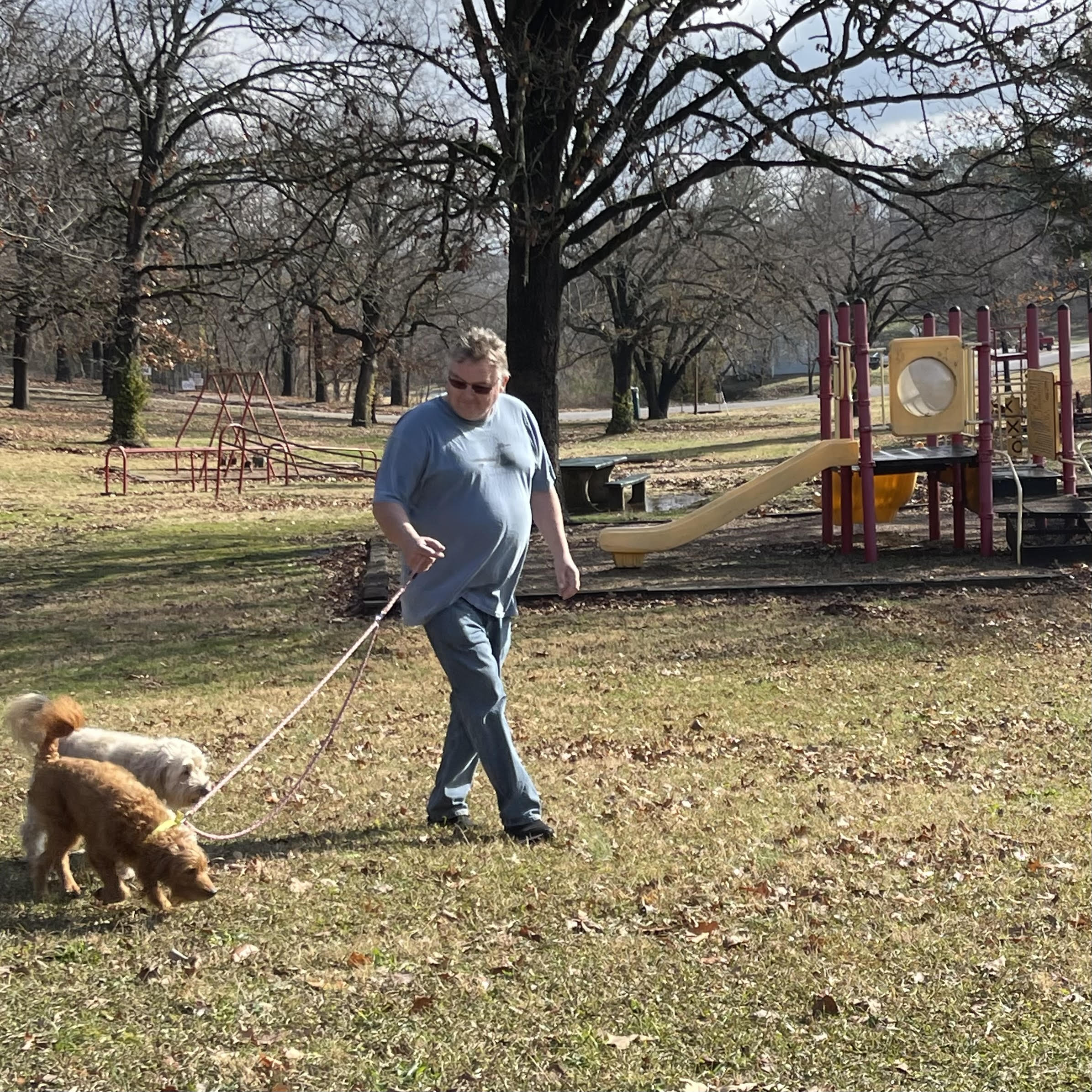 Mike walking Katie and Sadie
