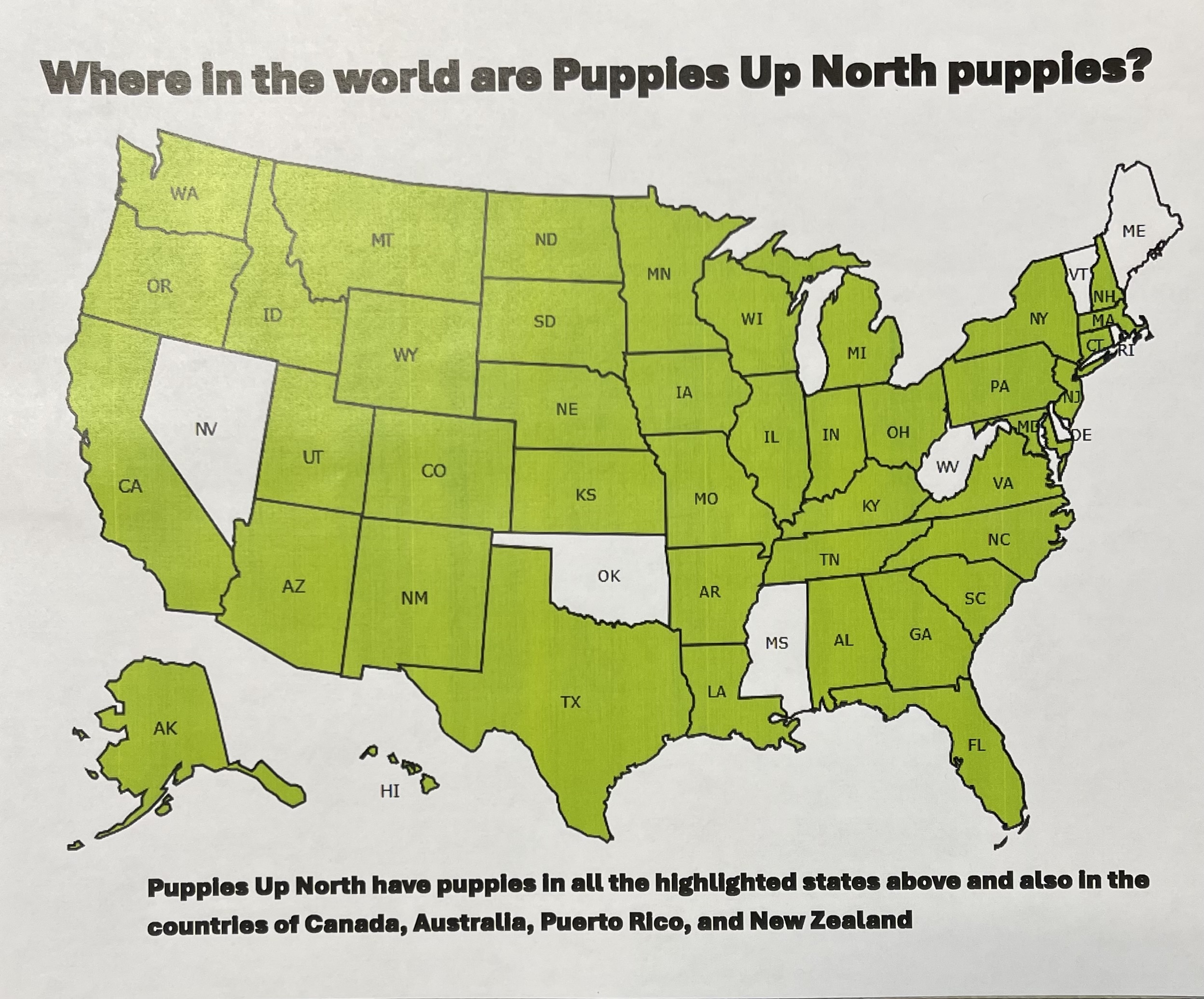 Map of United States with green highlights of each state we have sold puppies