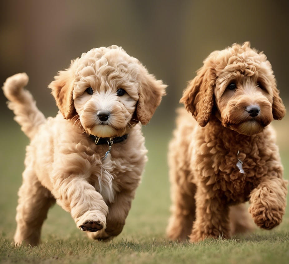 A cream colored Mini Labradoodle and a red Mini Goldendoodle